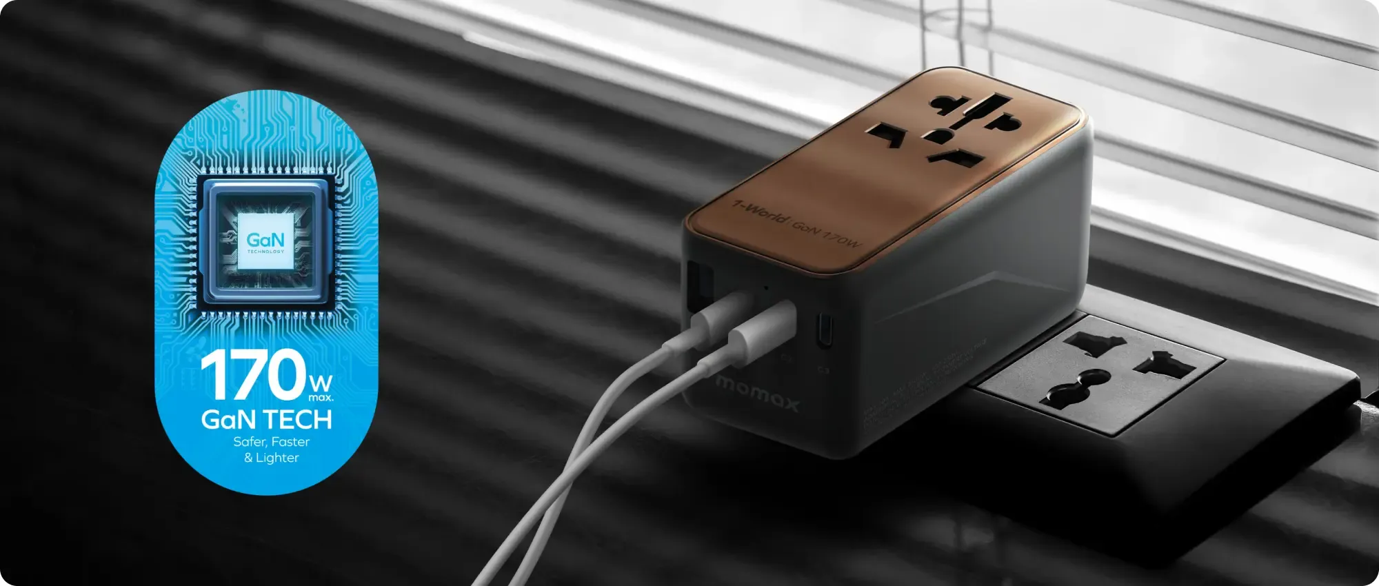Momax 1-World 170W GaN Universal Travel Charger 4-Ports with 100W USB-C to USB-C Cable