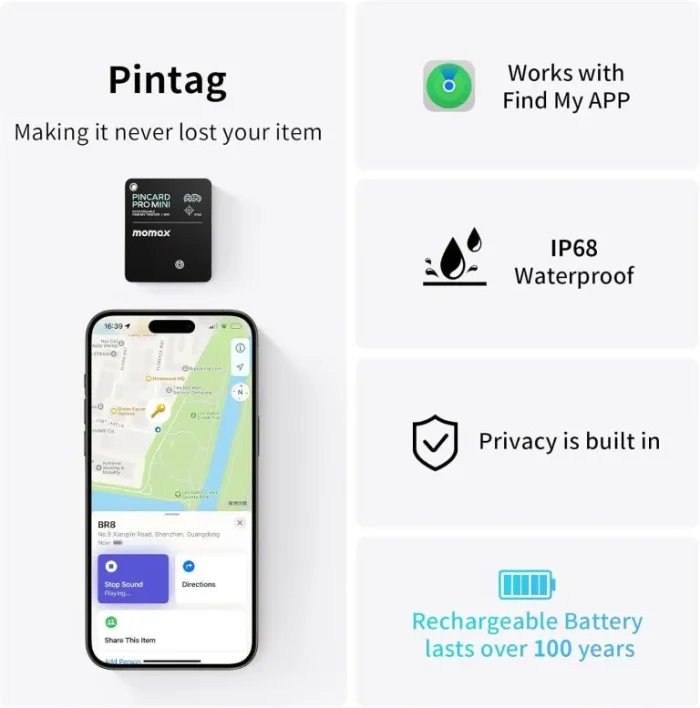 Momax PinCard Pro Mini Rechargeable Find My Tracker BR8