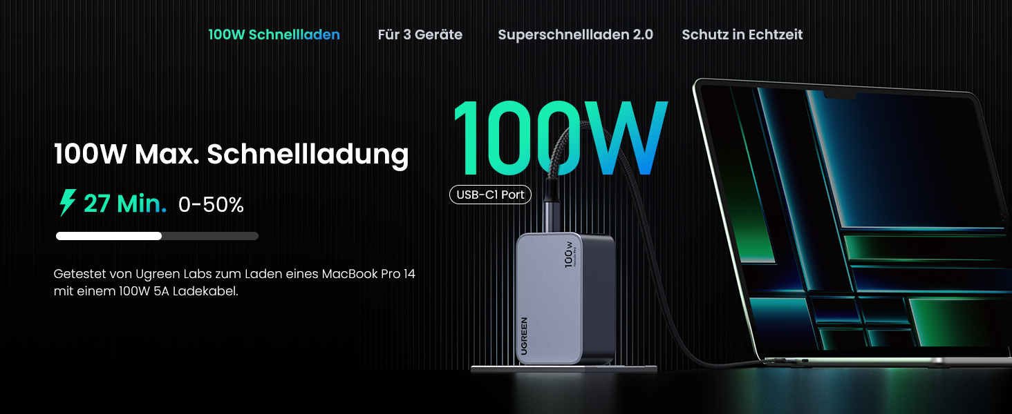 UGREEN Nexode Pro 100W 3-Port GaN Compact Fast PPS Wall Charger with USB-C to USB-C Cable X757 (15201)