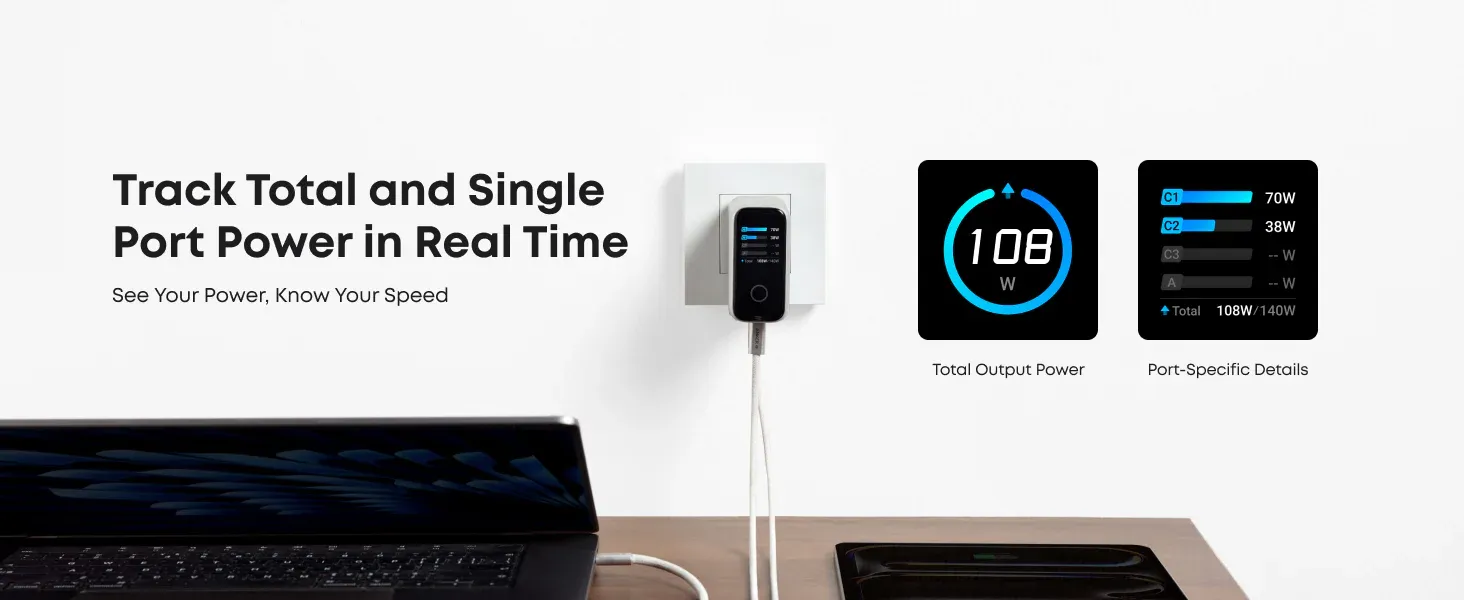 Anker Zolo Laptop Charger 140W 4-Port PD 3.1 with Touch Control USB-C Cable (B2697)