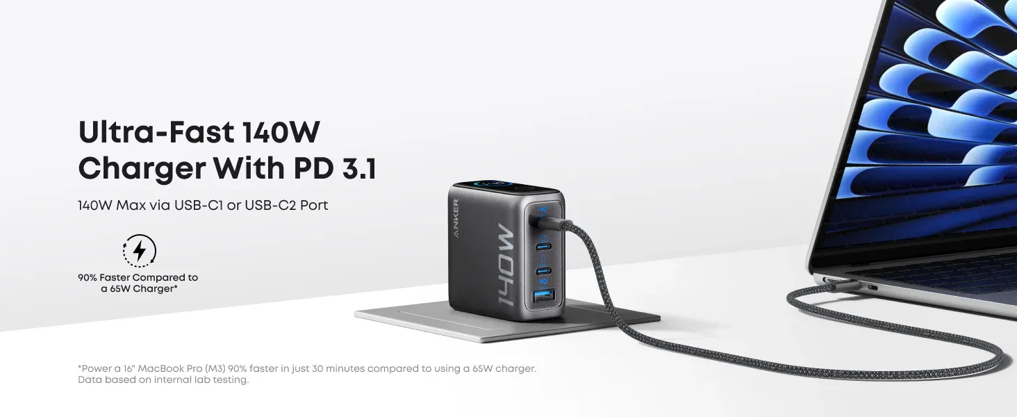 Anker Zolo Laptop Charger 140W 4-Port PD 3.1 with Touch Control USB-C Cable (B2697)