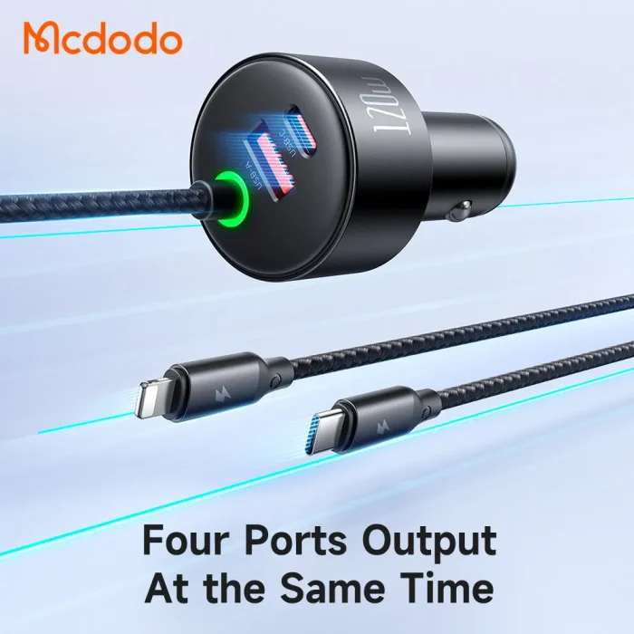 Mcdodo CC-0370 120W Retractable Car Charger with USB-C & Lightning Cables