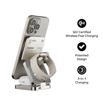 Momax Q2.Mag Go 3-in-1 Foldable Qi2 15W Magnetic Wireless Charging Stand