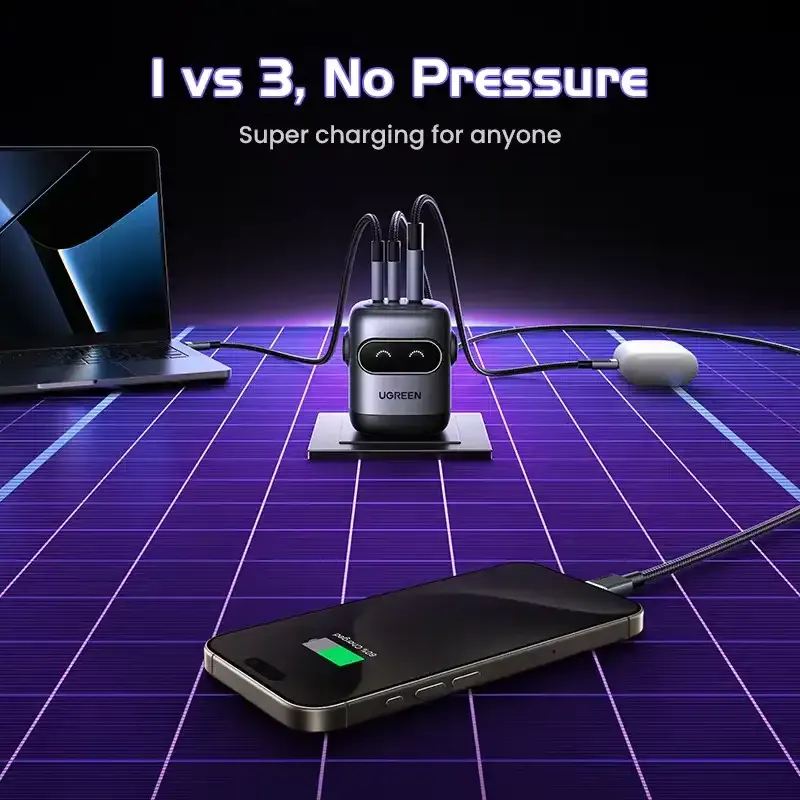 Specifications
Brand: UGREEN
Model: UNO X662 QPai Robot (35186)
Power Output: Max 65W
Technology: GaN (Gallium Nitride)
Ports: 2 × USB-C, 1 × USB-A
Input Voltage: 100–240V AC
Safety Protection: Yes (multi-protection)
Compatibility: Laptops, tablets, smartphones, gaming consoles, and more