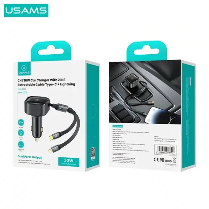 USAMS US-CC219 C41 PD 30W Fast Charging Car Charger With Type C & Lighting Cable