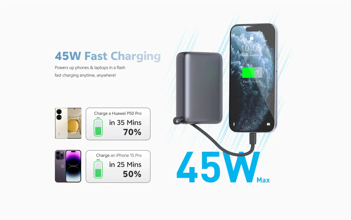 QCY 20000mAh 45W PD+QC3.0 with Display and Built-in USB-C Cable PB20A