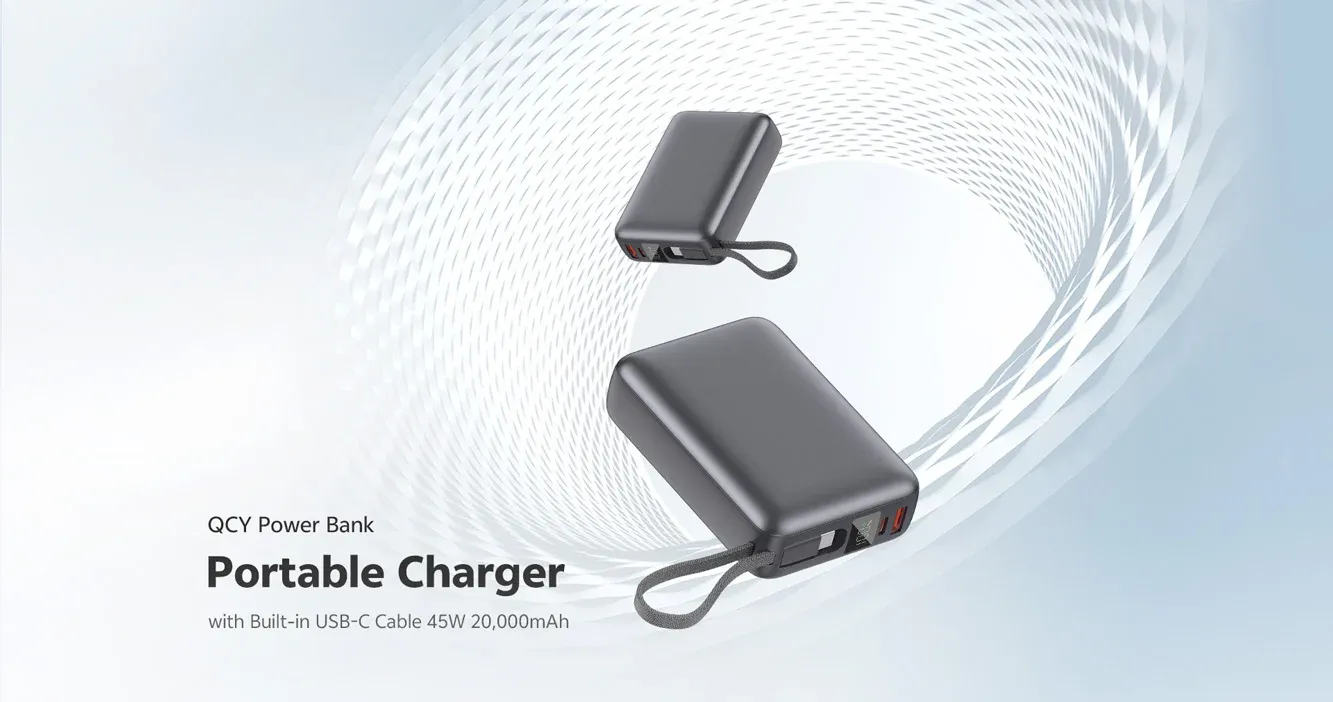 QCY 20000mAh 45W PD+QC3.0 with Display and Built-in USB-C Cable PB20A