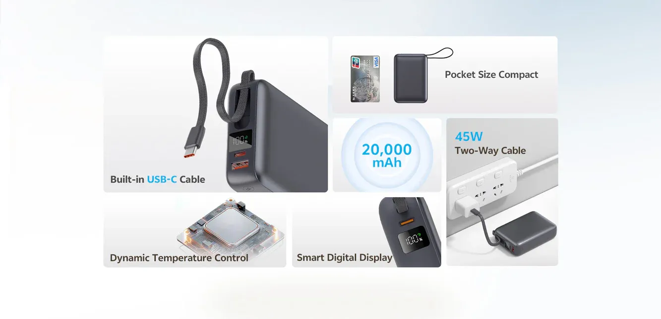 QCY 20000mAh 45W PD+QC3.0 with Display and Built-in USB-C Cable PB20A